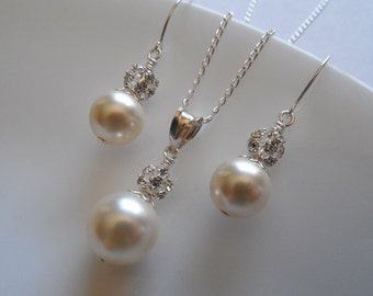 Bridal Set, Bridesmaids gift, Rhinestone Crystal and Swarovski Round Pearl Set, Vintage Style Bridal Set, Weddng Jewelry