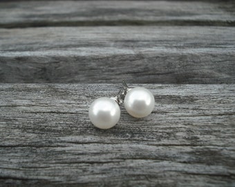 Bridal earrings, Bridesmaids Gift, Swarovski White Pearl Post Earrings - sterling silver post