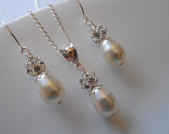 Bridal Set, Bridesmaids Gift, Rhinestone Crystal and Pearl Set, Vintage Style Bridal Set, Weddng Jewelry