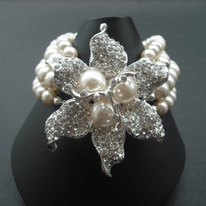 Stella, Four Strands Bridal Bracelet, Art Deco Rhinestone amd Pearl Bracelet, Vintage Style Bridal Jewelry, Weddng Jewelry
