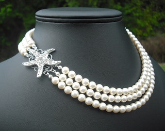 STARFISH Version 1, Triple Strands Necklace, Bridal Necklace, Rhinestone and Pearl Necklace, Vintage Style, Wedding Jewelry