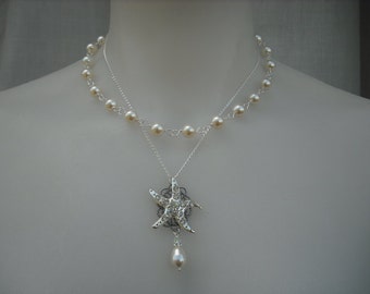 STARFISH Version 1, Double Strands Necklace, Bridal Necklace, Rhinestone and Pearl Necklace, Vintage Style, Wedding Jewelry