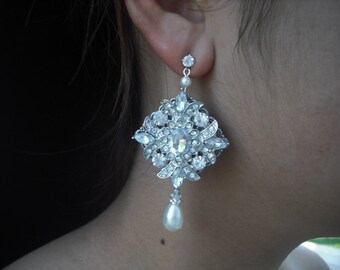 Ava, Bridal Earrings, Long Rhinestone Crystal earrings, Victorian Art Deco Vintage Style Bridal Earrings, Weddng Jewelry