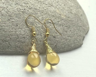 Teardrop Pale Honey Earrings Czech Crystal Earrings Hand Wrapped Wire Etsy UK Yellow Bridesmaid Earrings Glass Tear Drop Earrings