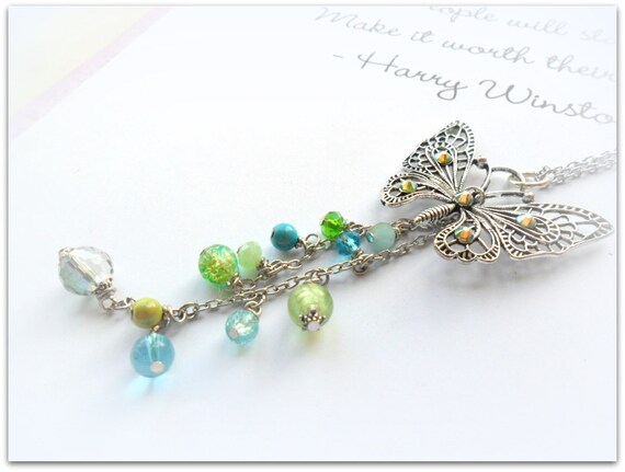 Aqua & Teal Filigree Butterfly w/ Crystal Earrings Aqua & Teal Filigree Butterfly w/ Crystal Earrings
