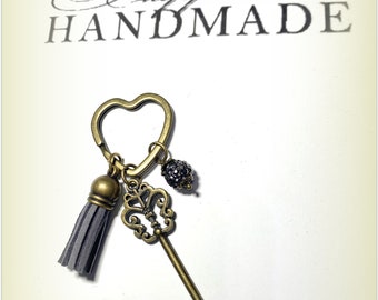 Charcoal Grey Suedette Style Tassel Bronze Key Heart Bag Charm Key Ring Key Chain Key Fob UK ETSY
