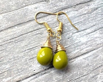 Teardrop Opaque Dark Chartreuse Green Czech Crystal Earrings Gold Wire Wrap Lime Earrings Etsy UK Bridesmaid Earrings Glass Drop Earrings