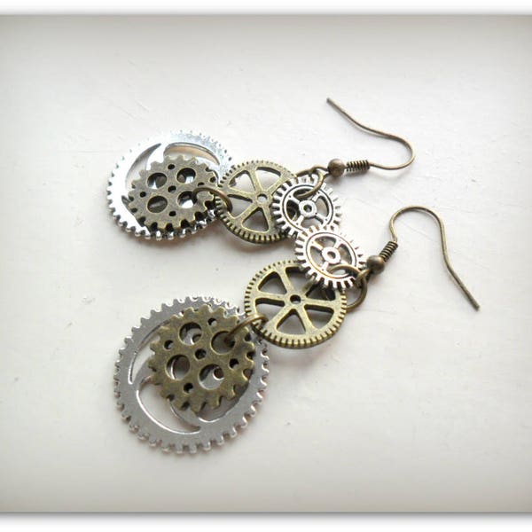 Long Antique Silver and Antique Bronze Tone Earrings Steampunk Charm Earrings Steampunk Jewelry Long Dangle Earrings UK Shop