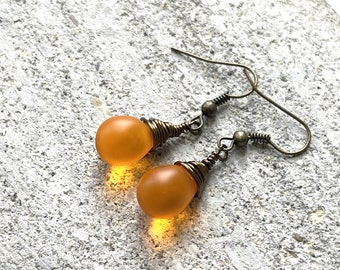 Teardrop Frosted Tangerine Orange Czech Crystal Earrings Wire Wrap Earrings Bridesmaid Earrings Glass Tear Drop Earrings Autumn Jewellery