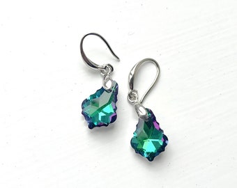 Vintage Style Crystal Emerald Green and Purple Ornate Earrings / Etsy UK / Girlfriend Gift / Christmas Earrings / Crystal Facet Jewellery