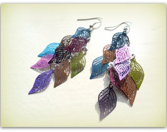 Long Rainbow Silver Tone Earrings Leaf Charm Earrings Filigree Leaf Earrings Long Dangle Earrings UK Shop Festival Summer Accessories