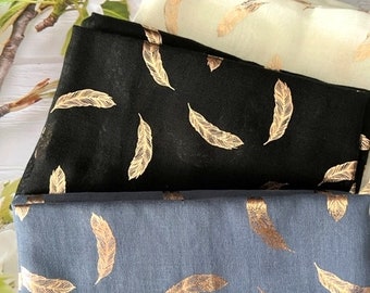 Foiled Feather Scarf // Winter Accessories // Metallic Scarf / Etsy UK Shop // Denim Black White Rose Gold Feather / Secret Santa Gift