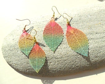 Long Pastel Rainbow Earrings Leaf Charm Earrings Long Dangle Earrings Festival Holiday Earrings UK Shop Summer Accessories Festival Jewelry