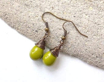 Teardrop Opaque Dark Chartreuse Green Crystal Earrings Bronze Wire Wrap Lime Earrings Etsy UK Holiday Bridesmaid Earrings Hook Earrings