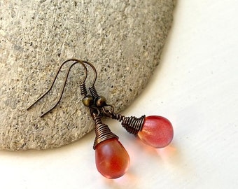 Fiery Red Orange Peach Teardrop Glass Lustre Earrings Etsy Multi Coloured Fiery Red Teardrop Earrings UK Glass Tear Drops Orange Jewellery