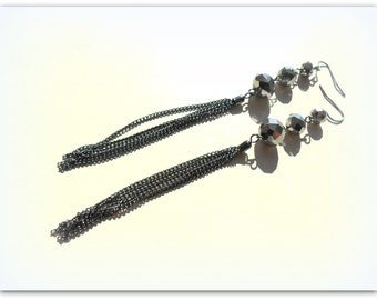 Boho Long Black Chain Tassel Hematite Mirror Grey Earrings  Black Tassel Jewellery Goth Chain Tassel Long Dangle Earrings UK Shop