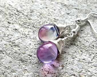 Purple Pink and Blue Teardrop Glass Lustre Earrings Etsy Multi Coloured Mauve Indigo Plum Silver Wire Wrapped Teardrop Earrings UK