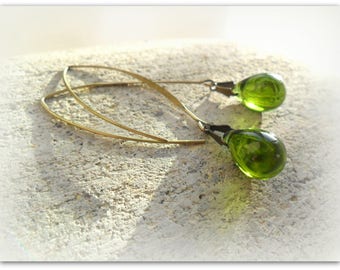 Tear Drop Olive Lime Green Czech Crystal Earrings Bronze Wishbone Earrings Bridesmaid Earrings Glass Teardrop Earrings Mothers Day Gift