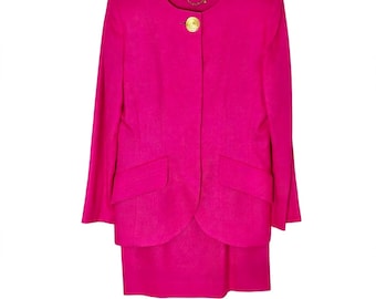 Vintage 80s Liz Claiborne Hot Pink Skirt Set Two-Piece Gold Buttons Blazer S
