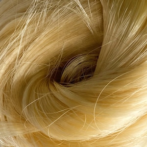 May include: Close-up of a bundle of light blonde human hair extensions. The hair is soft and silky, with a natural shine.
