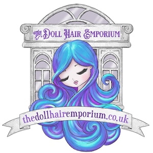 May include: A cartoon illustration of a storefront with a sign that reads "The Doll Hair Emporium". A woman with long blue and purple hair is in front of the store. The website address "thedollhairemporium.co.uk" is on a banner below the storefront.