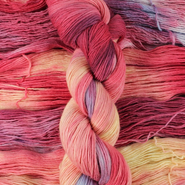 High Desert Sunset - 100% organic merino single ply sock yarn, Eco Merino Light, single ply pink, yellow, blue fingering yarn