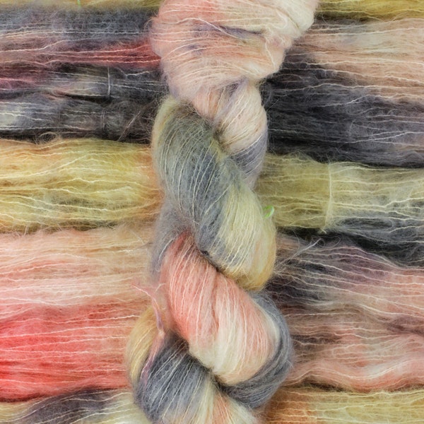 Supercell - 74/36 baby suri alpaca/silk lace weight yarn, Suri Cloud, pink yellow gray brushed alpaca/silk yarn