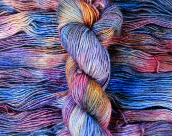 Dancing In The Moonlight - 40/40/20 superfine alpaca/merino/silk, Aurora DK, blue rainbow single ply medium weight yarn