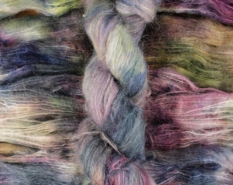 Wisdom - 74/36 baby suri alpaca/silk lace weight yarn, Suri Cloud, green purple gray brushed suri silk yarn