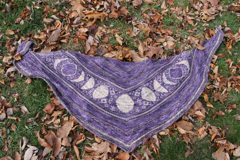 Wisdom of the Moon Shawl Kit knitting kit, baby alpaca/merino/silk hand dyed yarn, DK weight yarn, stranded colorwork shawl kit image 2