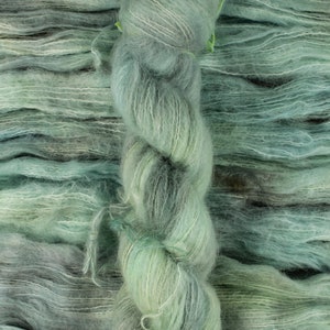 Lamb's Ear - 74/36 baby suri alpaca/silk lace weight yarn, Suri Cloud, green gray silver brushed suri silk yarn