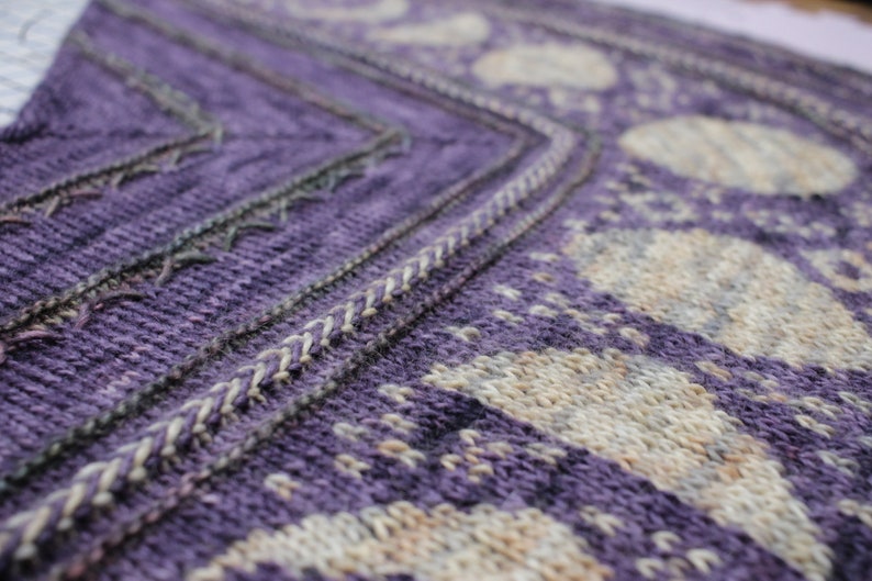 Wisdom of the Moon Shawl Kit knitting kit, baby alpaca/merino/silk hand dyed yarn, DK weight yarn, stranded colorwork shawl kit image 9