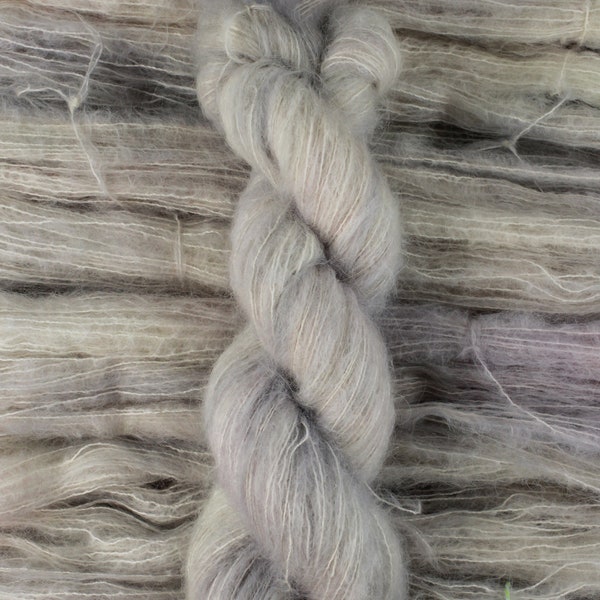 Ghosts In The Fog - 74/36 baby suri alpaca/silk lace weight yarn, Suri Cloud, gray purple brushed suri silk yarn