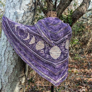 Wisdom of the Moon Shawl Kit knitting kit, baby alpaca/merino/silk hand dyed yarn, DK weight yarn, stranded colorwork shawl kit image 1