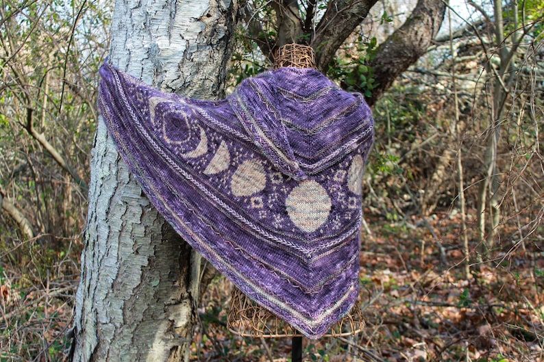 Wisdom of the Moon Shawl Kit knitting kit, baby alpaca/merino/silk hand dyed yarn, DK weight yarn, stranded colorwork shawl kit image 1