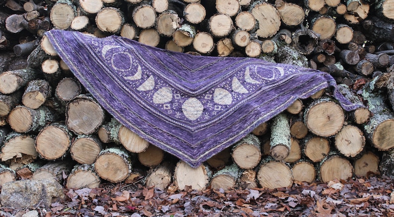 Wisdom of the Moon Shawl Kit knitting kit, baby alpaca/merino/silk hand dyed yarn, DK weight yarn, stranded colorwork shawl kit image 10