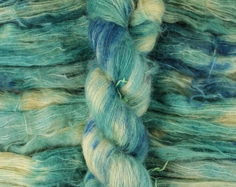 Eucalyptus - 74/36 baby suri alpaca/silk lace weight yarn, Suri Cloud, green yellow blue brushed suri silk yarn