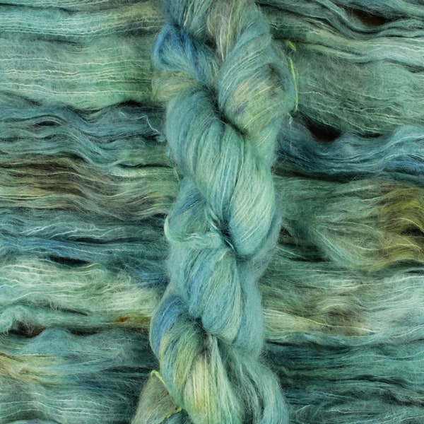 Pondside - 74/36 baby suri alpaca/silk lace weight yarn, Suri Cloud, green blue speckled brushed suri silk yarn