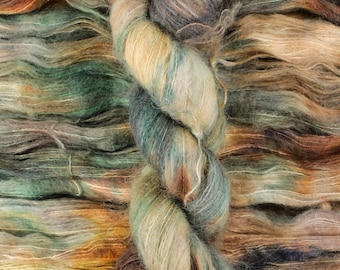 Deep Woods - 74/36 baby suri alpaca/silk lace weight yarn, Suri Cloud, green brown brushed suri silk yarn