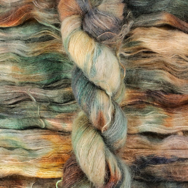 Deep Woods - 74/36 baby suri alpaca/silk lace weight yarn, Suri Cloud, green brown brushed suri silk yarn