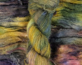 Sunlight On The Riverbed - 74/36 baby suri alpaca/silk lace weight yarn, Suri Cloud, multicolored dark rainbow brushed suri silk yarn