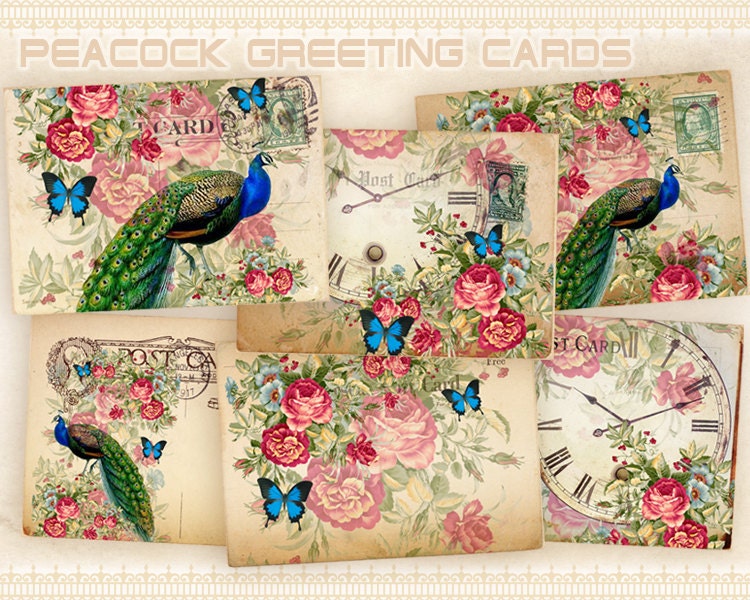 Peacock Greeting cards Gift cards tags on Digital collage Etsy