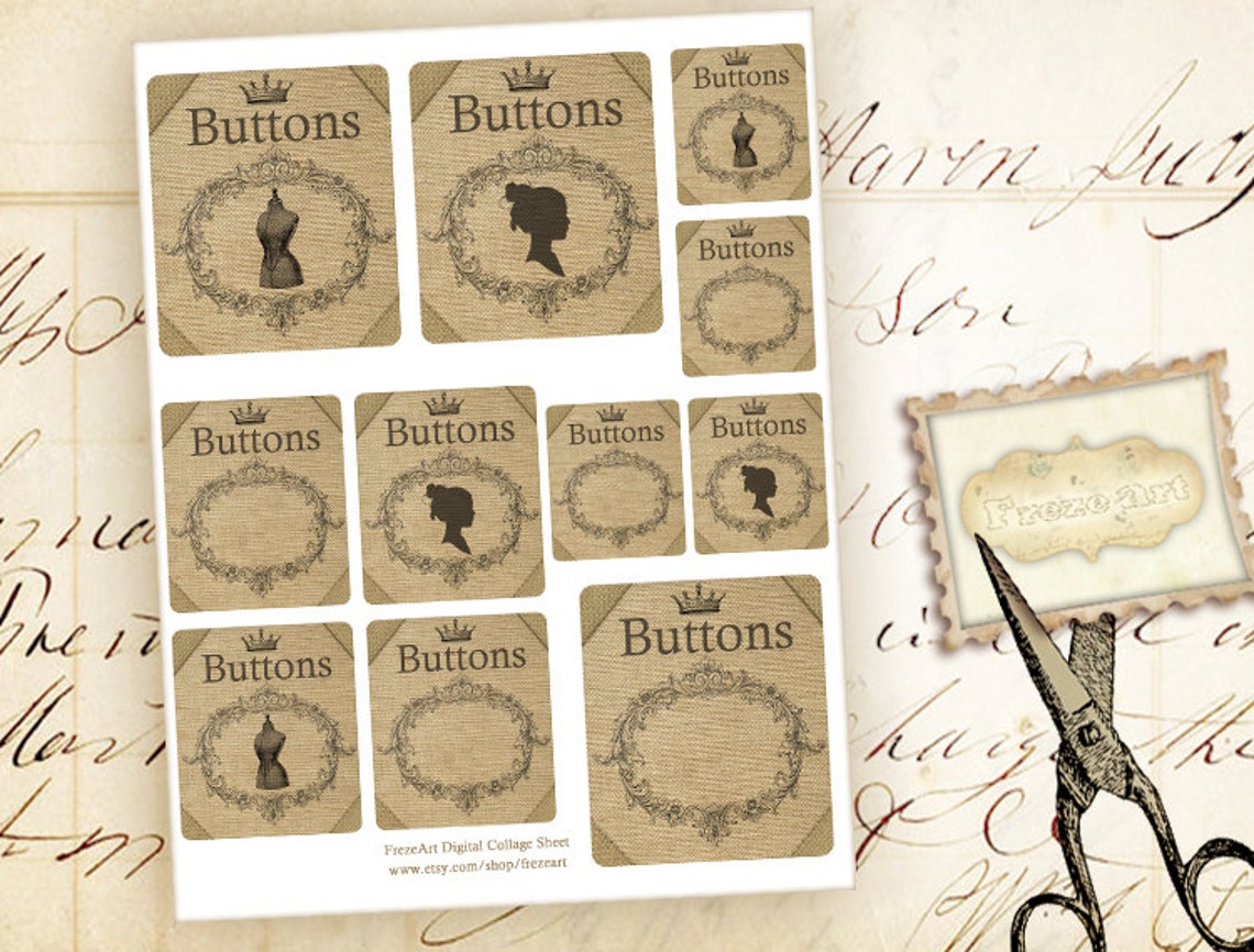Printable vintage button cards Digital collage sheet Paper | Etsy