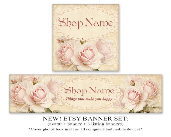 Etsy Cover Etsy Banner Set Shabby Pink Roses Banner Avatar Etsy
