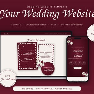 Puede incluir: Una plantilla de sitio web de bodas digital mostrada en la pantalla de una computadora portátil y un teléfono inteligente. El diseño presenta un esquema de color burdeos profundo con texto blanco, incluyendo los nombres Isabella y Daniel.