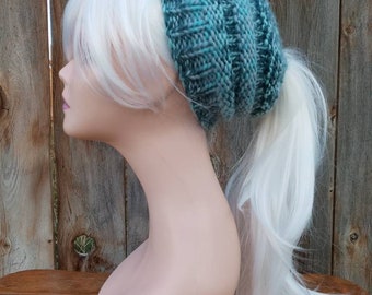 Ponytail Beanie Hat - Messy Bun Hat - Gray and Teal - Mom Messy Beanie - Adult - Skull Cap - Acrylic - Hand Knit -  Knitted - Winter - Gift