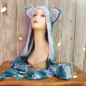 Custom Order-Cat Hood with Scarf - Hand Knit - Light Grey, Dark Teal and Mint Green - Wool and Acrylic Blend