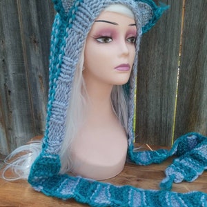 Cheshire Cat Hoodie - Hooded Scarf - Hood - Scoodie - Spirit - Animal Hand Knit - Gray, Teal and Aqua - Knit - Custom Wool and Acrylic Blend