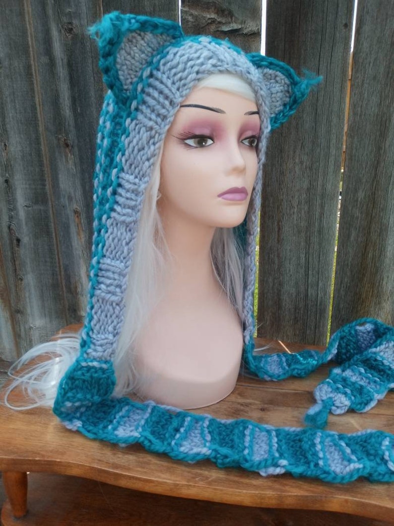 Cheshire Cat Hoodie Hooded Scarf Hood Scoodie Spirit Animal Hand Knit Gray, Teal and Aqua Knit Custom Wool and Acrylic Blend image 1