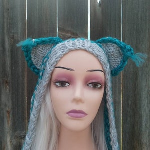 Cheshire Cat Hoodie Hooded Scarf Hood Scoodie Spirit Animal Hand Knit Gray, Teal and Aqua Knit Custom Wool and Acrylic Blend image 9